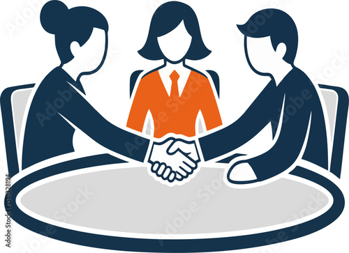 Business People Shaking Hands at Round Table with Mediator – Vector Illustration