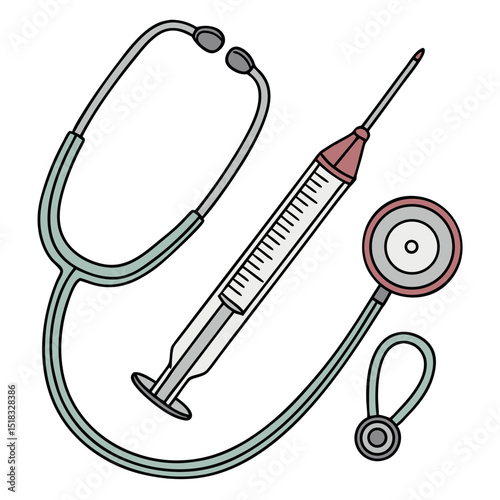 Medical equipment illustration with syringe and stethoscope in flat clean style for healthcare and hospital themes