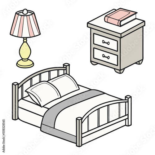 Isometric Illustration of Bedroom Furniture with Bed Lamp and Nightstand