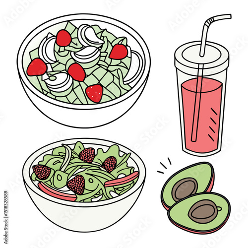 Fresh colorful salad bowls with vegetables and smoothie drink in cartoon flat illustration for healthy food concept
