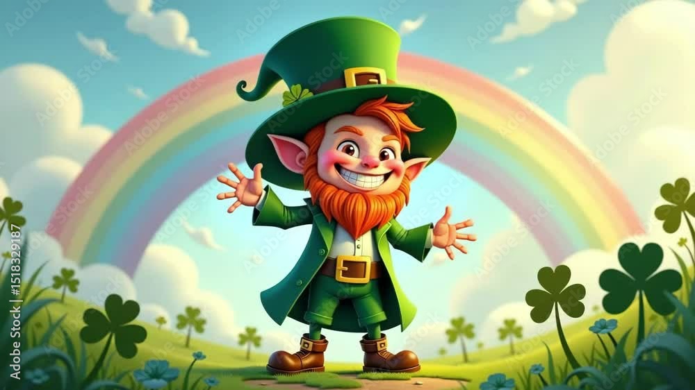 A cheerful leprechaun in a green suit dancing on a rainbow background: Festive animation for St. Patrick's Day | 4K