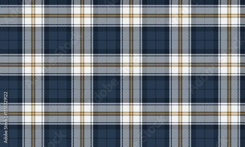 Seamless plaid pattern, blue, white, yellow for various textiles and clothing designs such as skirts, pants, casual dresses, creating a distinctive and modern style.