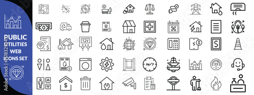 Public utilities web icons line set. Public Utilities Water, Fuel, Electricity, gas, garage, Solar House, Rent receipt, Maintainence, and More vector illustration design 