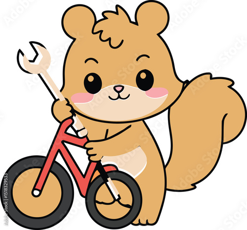 Cartoon Squirrel Mechanic with Wrench and Bicycle on  Background Vector Illustration