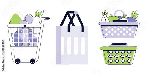 Colorful Shopping Cart and Baskets Filled with Fresh Produce