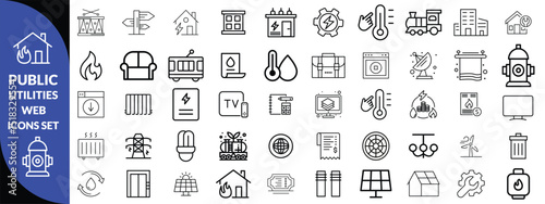 Public utilities web icons line set. Public Utilities Water, Fuel, Electricity, gas, garage, Solar House, Rent receipt, Maintainence, and More vector illustration design 