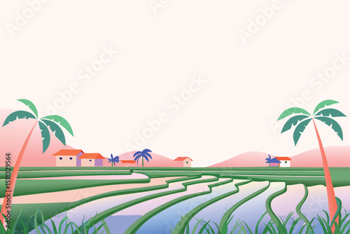 Pastel-colored illustration of a serene rice paddy landscape with traditional village houses.