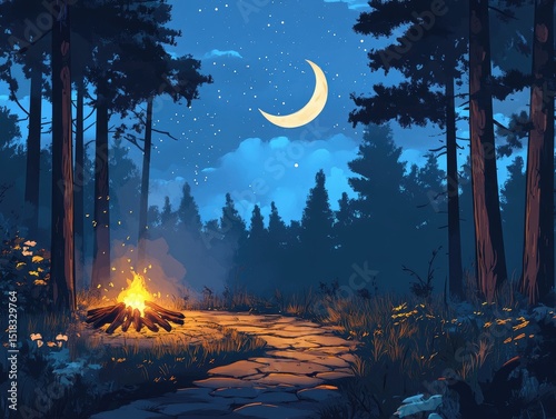 path in forest at night, crescent moon, campfire, illustration in anime style