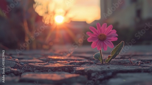 Resilience, Pink Flower Blooming Through Cracks in the Pavement at Sunset