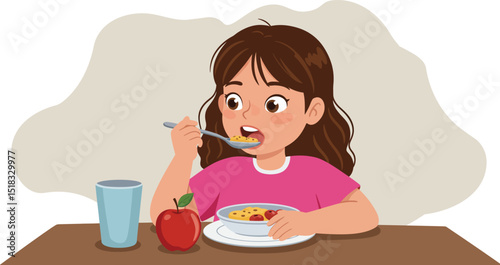 Child Eating Healthy Eco Food: Girl with Spoon at Table Enjoying Apple Snack or Meal – Balanced Breakfast, Lunch, and Dinner Flat Vector