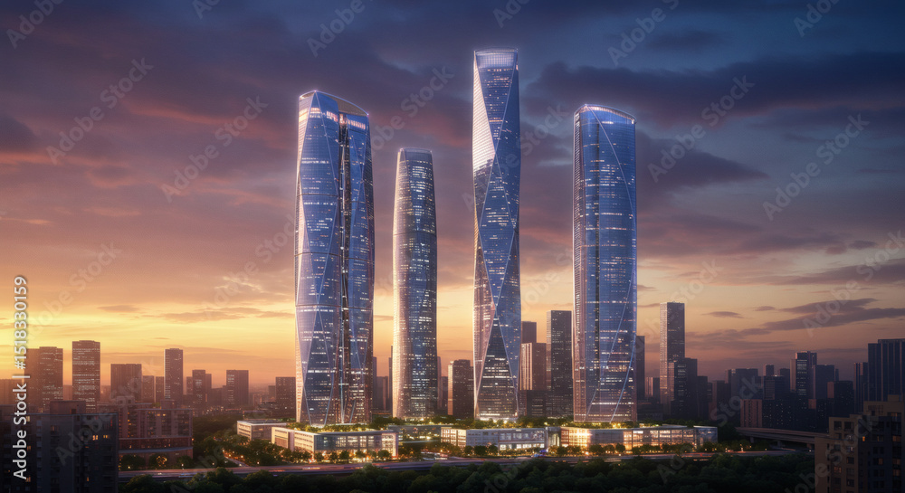Obraz premium Modern Skyscraper Complex at Sunset Architectural Marvel