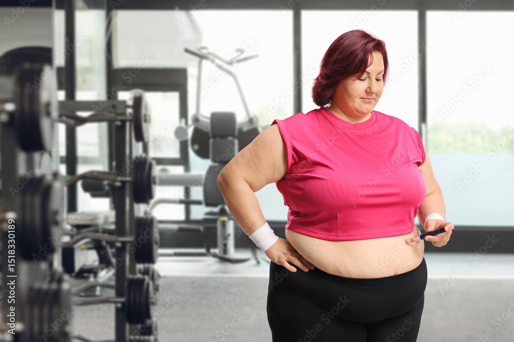 Obraz premium Overweight woman poking abdomen with a pen