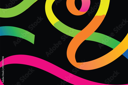 Vibrant abstract design with flowing, colorful lines on a black background.
