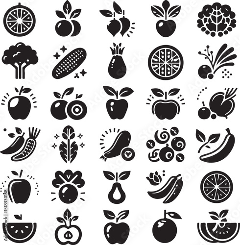 Comprehensive Black and White Fruit Vector Icon and Silhouette Collection