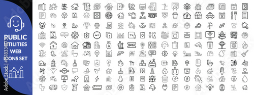 Public utilities web icons line set. Public Utilities Water, Fuel, Electricity, gas, garage, Solar House, Rent receipt, Maintainence, and More vector illustration design 