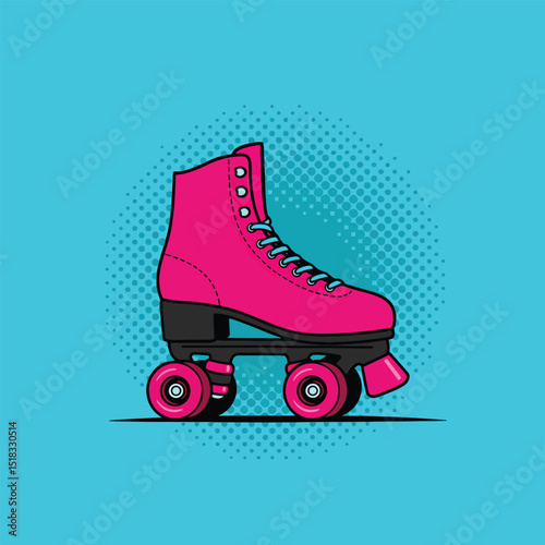 roller skate pop art vector symbol with turquoise background and halftone dots