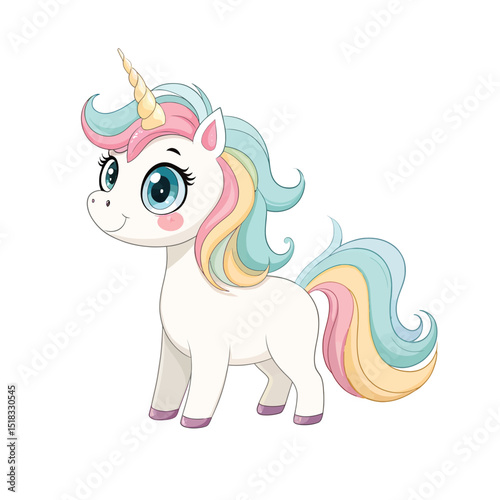 Kawaii Unicorn with Big Eyes and Rainbow Hair