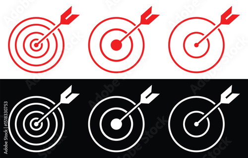 Target Icon – Business Objective Symbol, Successful Dart Hit Vector Illustration Isolated on White Background and Black Background