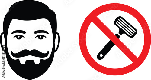 A graphic showing a man with a beard and a mustache next to a no shaving symbol on a white background