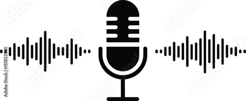 A black and white illustration of a microphone with sound waves on either side of the microphone