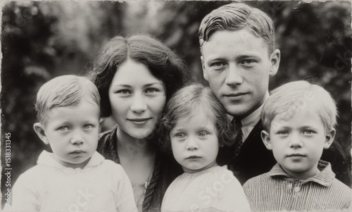 Family portrait outdoors featuring two adults and three young children during a sunny day in the early 20th century