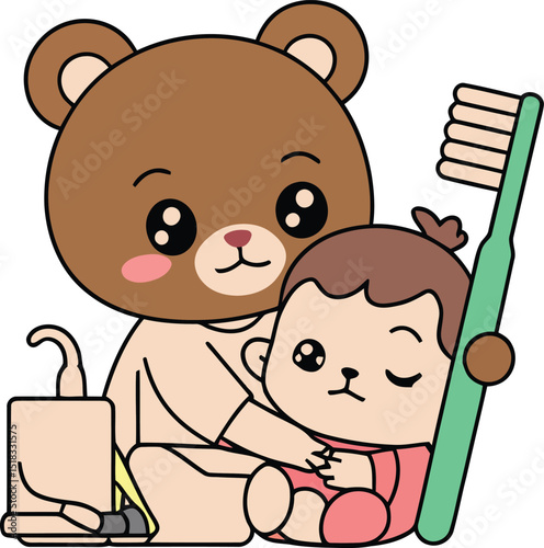Cartoon Illustration of a Bear Teaching a Baby About Dental Hygiene with Toothbrush and Toothpaste on  Background