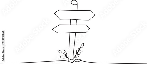 Continuous line drawing of rustic signpost with directional arrows and plant in minimalist black and white illustration


