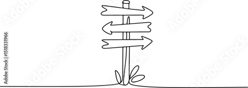 Continuous line drawing of rustic signpost with directional arrows and plant in minimalist black and white illustration

