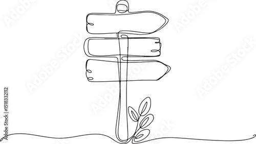 Continuous line drawing of rustic signpost with directional arrows and plant in minimalist black and white illustration


