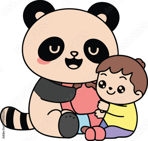 Cartoon Illustration of a Panda and Child Hugging a Heart-Shaped Pillow on a Background for Emotional Connection