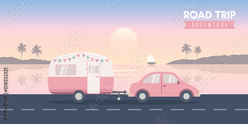 road trip adventure caravan on tropical landscape vector illustration