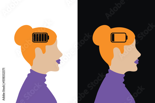 mental health happy and sad woman with full and empty battery vector illustration