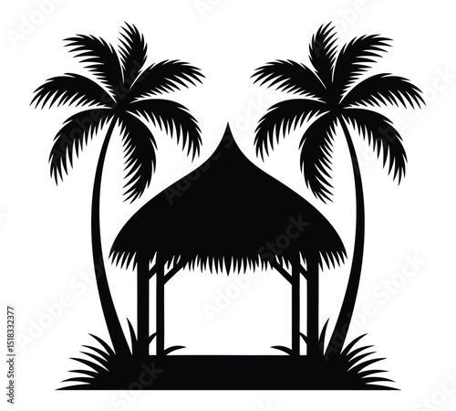 Island Bungalow and Palms Monochrome Illustration, On White Background
