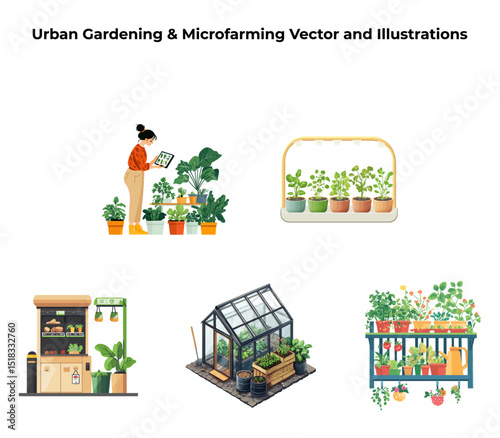 Smart Urban Gardening & Microfarming Vector Set – Indoor Plants, Greenhouse & Balcony Grow