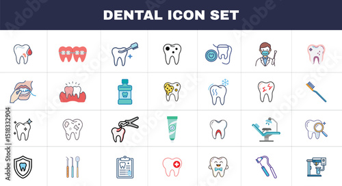 A collection of dental  icons featuring dentist, dental care, oral disease, teeth whitening, extraction, broken tooth, root canal, fillings, and wisdom teeth. Vector icon set.
