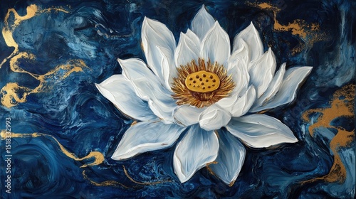 White Lotus Flower with Golden Center in Dark Blue Water 