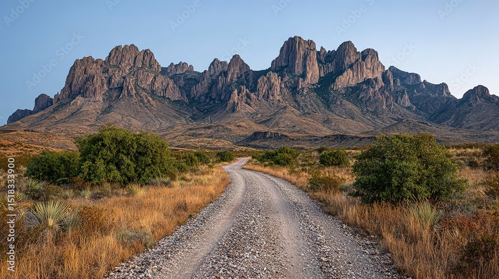 Fototapeta premium Gravel road winding through desert landscape towards a mountain range.
