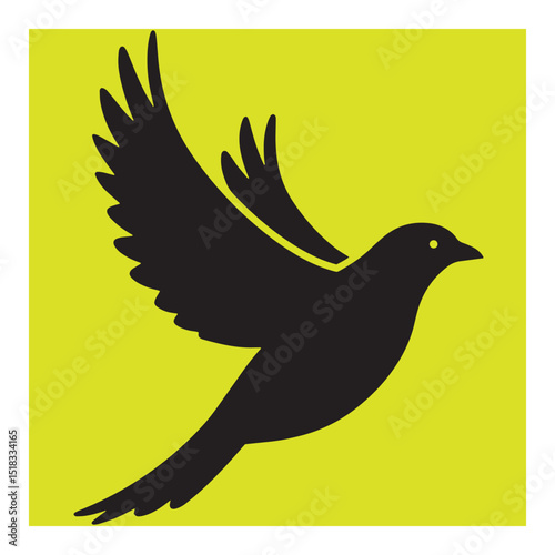 Black silhouette of a bird with open wings flying in a yellow square background