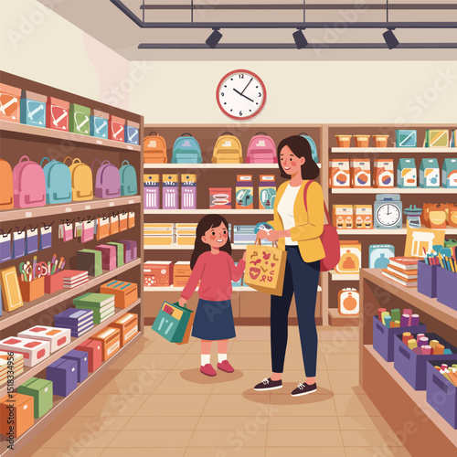 Cute cartoon mother holding saved money in her hand, her little boy riding a shopping cart, filled with school supplies, vector illustration