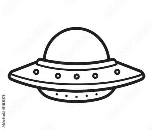 UFO flying saucer line art design. Alien spaceship black and white illustration.
