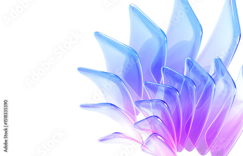 3d abstract geometric background with translucent rainbow glass in shape flower. Iridescent crystal rectangle curved wavy plates with blue and pink gradient texture, light refraction