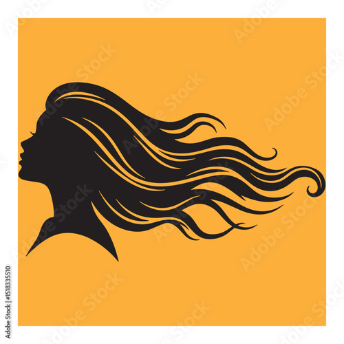 Silhouette of a beautiful woman with flowing hair against a warm orange background
