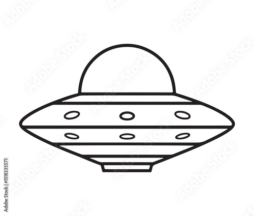UFO flying saucer line art design. Alien spaceship black and white illustration.