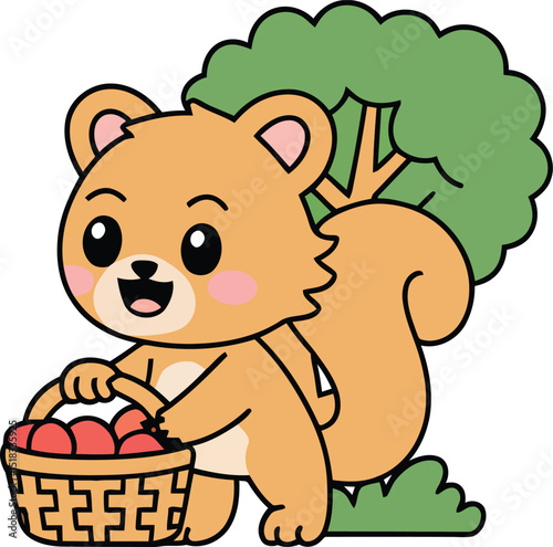 Cartoon Illustration of a Squirrel with Apples and a Tree in the Background, Cute Animal Character Design for Children