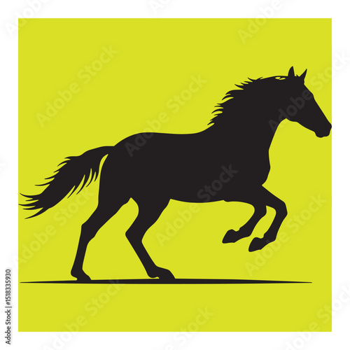 Silhouette of a majestic black horse galloping gracefully against a vibrant yellow background