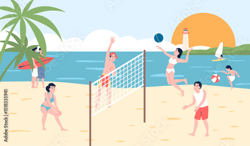 Friends playing beach volleyball. People group in swimsuits, active sport entertainment on seaside. Rest on sea or ocean, summer vacations recent vector scene