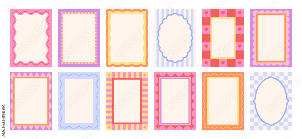 Fototapeta premium Geometric doodle frames. Wavy edges frame, retro pop art style banners or covers design. Curved bright shapes postcards racy vector templates