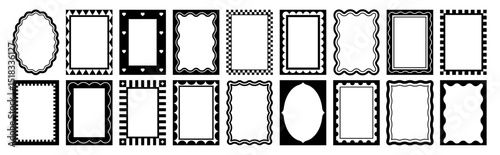 Black wavy frames. Decorative geometric pattern covers, invitation design, empty posters. Isolated wavy edges banners, monochrome racy vector design
