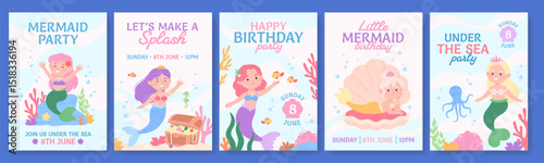 Mermaid invitation cards. Girly style party invites with cute playful mermaids and underwater elements. Birthday, shower, racy vector templates