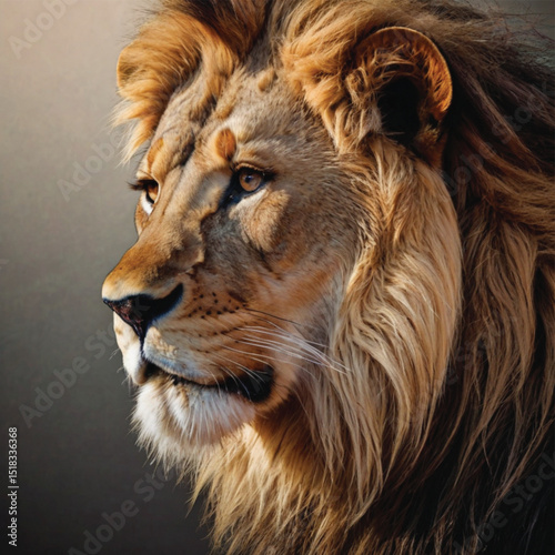Portrait of a strong male lion with a majestic mane in a natural wildlife setting showing its fierce face and powerful presence